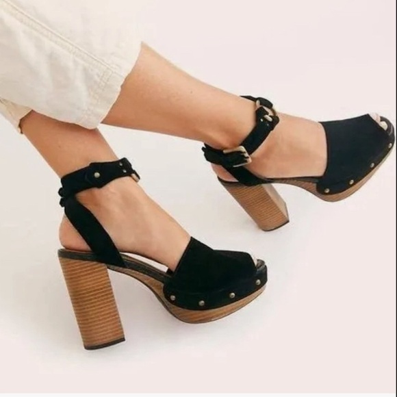 Free People Justine Black Suede Platform Sandals Size 37 - Picture 1 of 9
